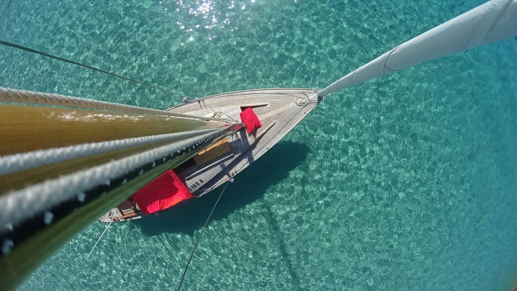 Photo of a sailboat from the top of the mast